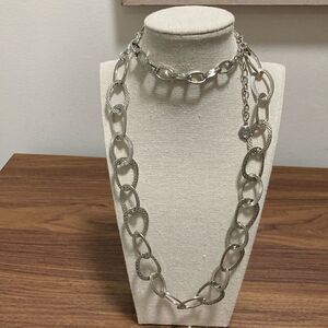 R.J. Graziano Signed Silvertone Long Necklace with Etched Oval Links.